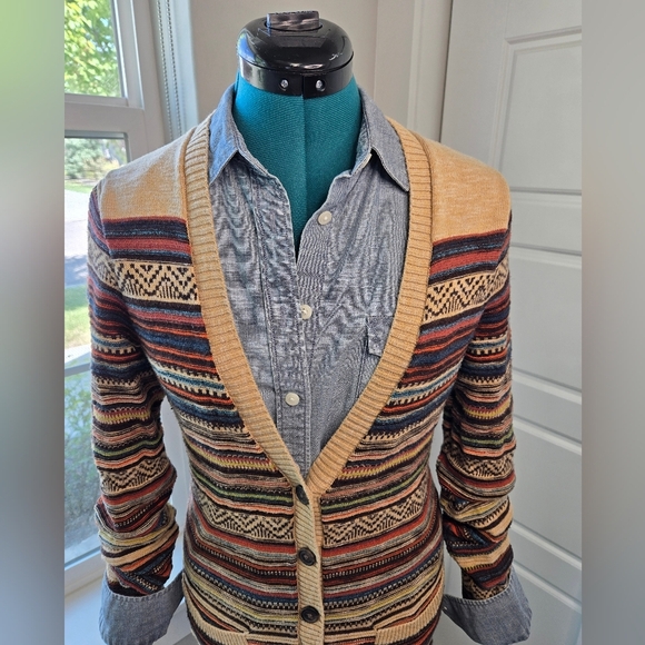 EDDIE BAUER LONG LINE BUTTON FRONT CARDIGAN COTTON SWEATER TAN STRIPE WOMEN S - Picture 8 of 15